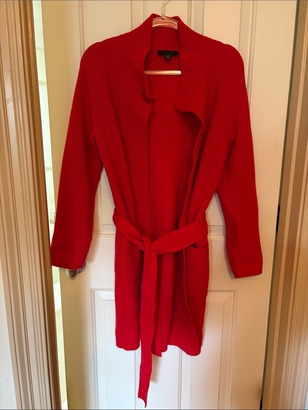 Ann Taylor Red Long Knit Belted Cardigan - Picture 1 of 7